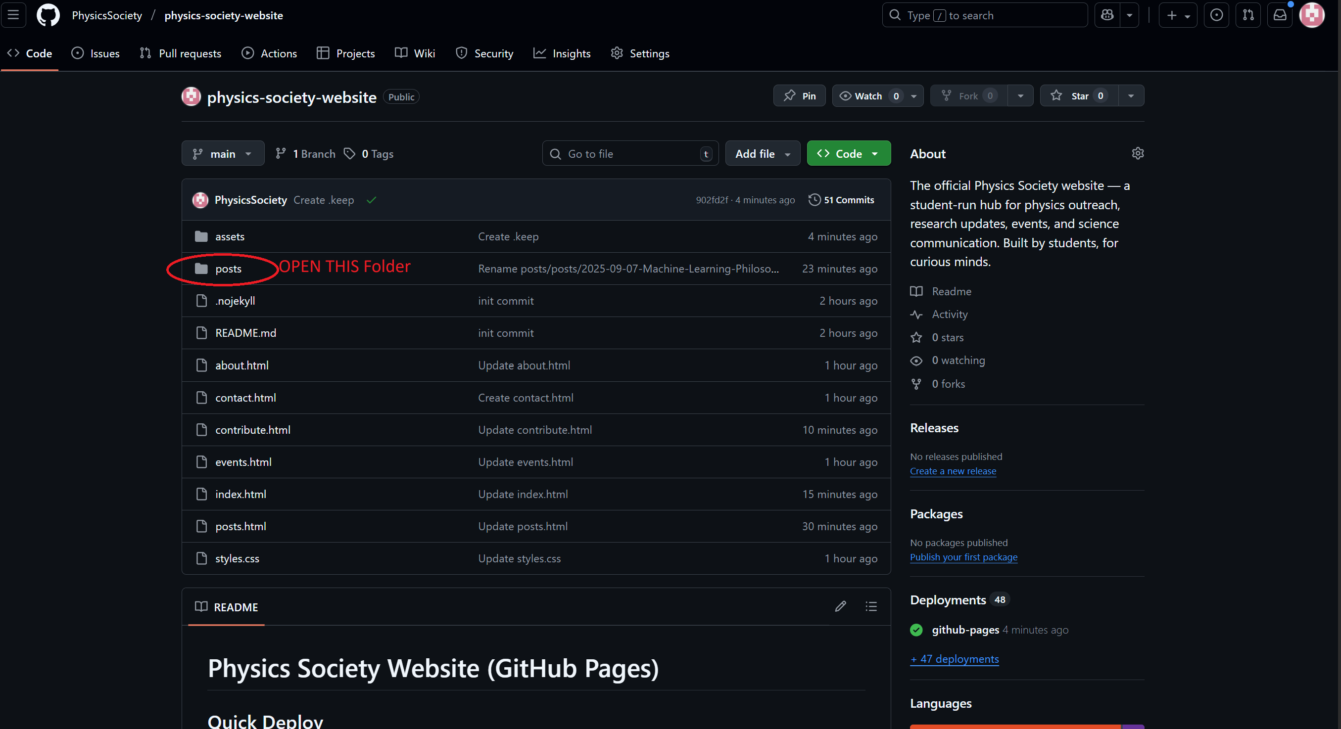 Screenshot: Opening the posts folder