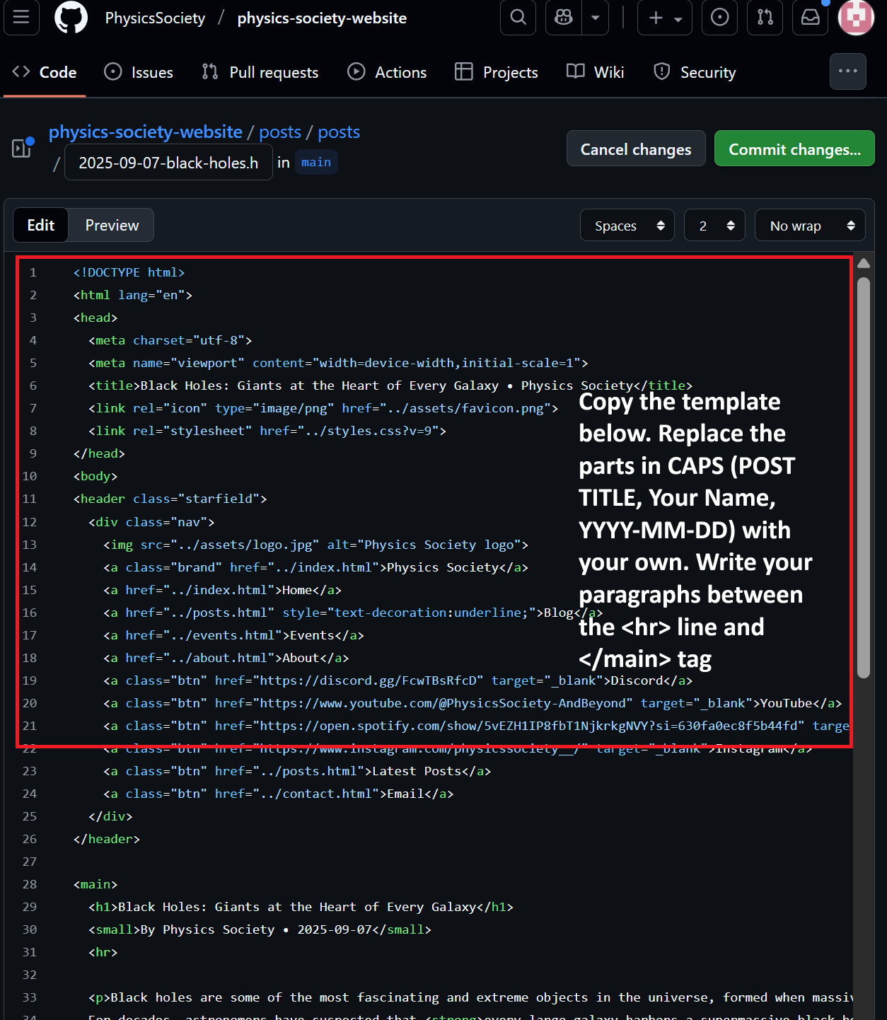 Screenshot: Template pasted into editor