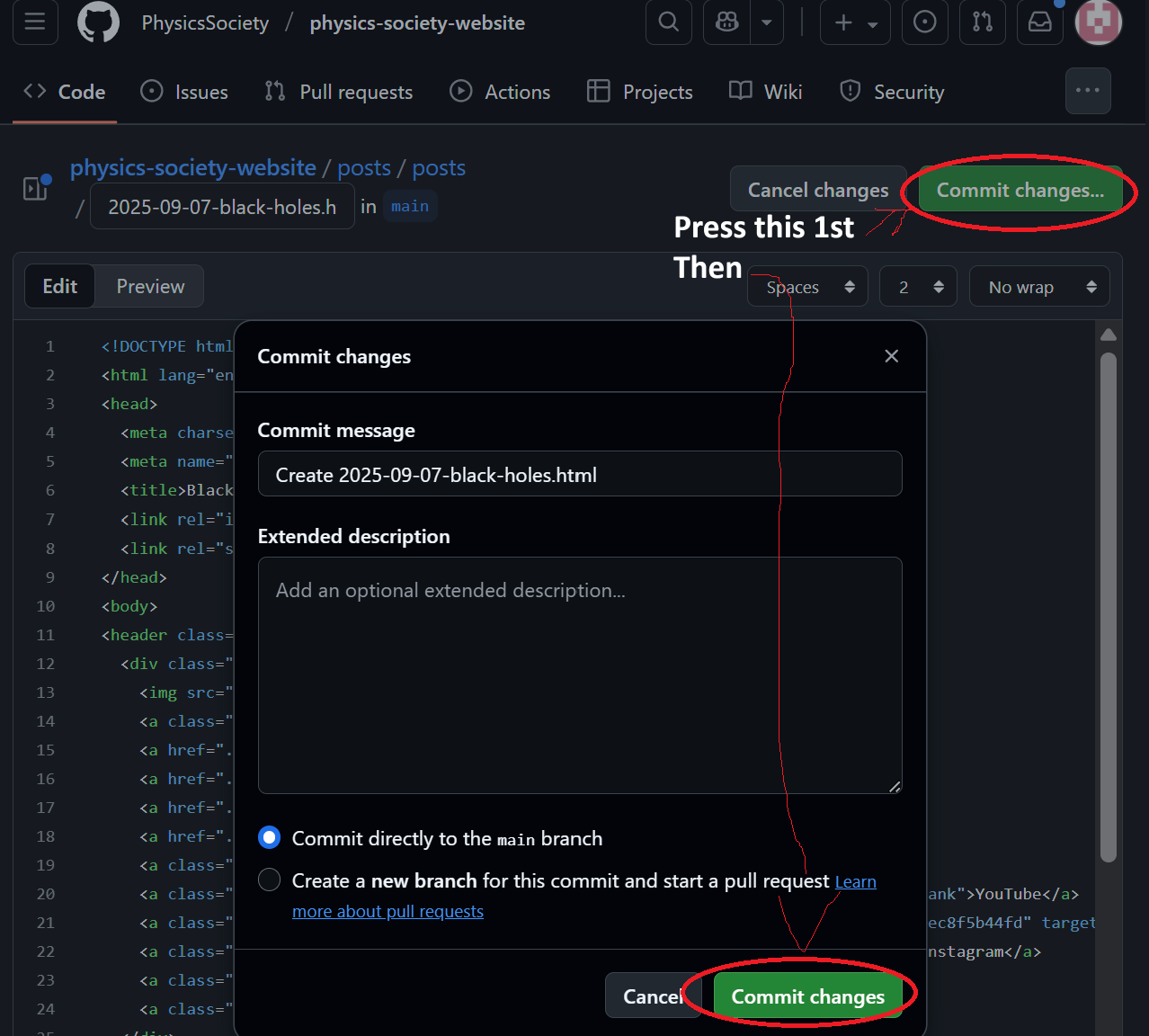 Screenshot: Commit changes button