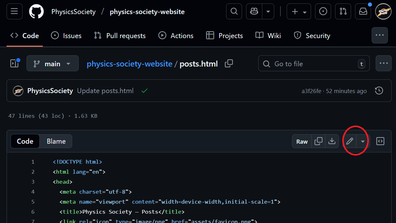 Screenshot: Editing posts.html